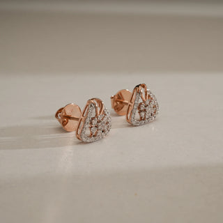 Layered Spark Triangle Drop Earrings in 14KT Rose Gold, featuring a floral diamond cluster set inside a sleek triangular outline with EF-VVS lab-grown diamonds and secure Bombay screw backs.