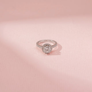 Top view of Halo Solitaire Diamond Ring in 14KT Dual Gold, featuring a round centre diamond surrounded by a pavé diamond halo.