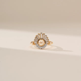 Front view of Majestic Pearl Crest Diamond Ring in 14KT Yellow Gold, featuring a pearl centre and fan-like diamond detailing.