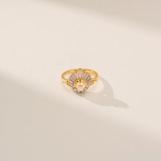 Top view of Majestic Pearl Crest Diamond Ring in 14KT Yellow Gold, featuring a pearl centre and fan-like diamond detailing.