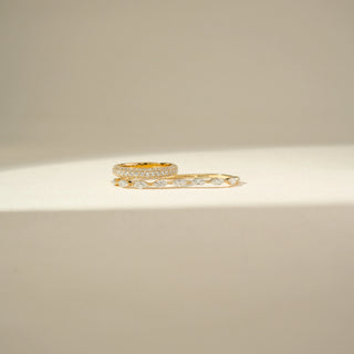Side view of Diamond Ring Stack in 14KT Yellow Gold, featuring a pavé band and a marquise diamond-accented band.