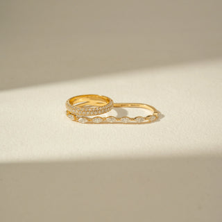 Front view of Diamond Ring Stack in 14KT Yellow Gold, featuring a pavé band and a marquise diamond-accented band.