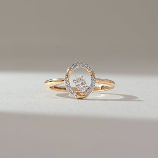 Front view of oval halo diamond ring in yellow gold, featuring a centred oval lab-grown diamond encircled by round diamonds within an open oval frame. Set on a soft neutral backdrop, it reflects modern elegance.