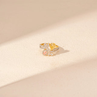 Close-up  view of Floral Multi-Gemstone Diamond Ring in 14KT Yellow Gold, featuring colourful pear-shaped gemstones and diamond accents.