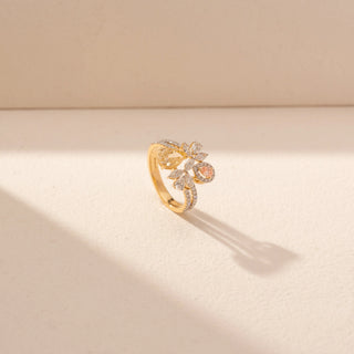 Angled view of Floral Multi-Gemstone Diamond Ring in 14KT Yellow Gold, featuring colourful pear-shaped gemstones and diamond accents.