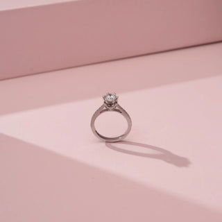 Side view of Reia’s 14 KT White Gold Pure Brilliance Diamond Solitaire Ring. Captured against a pink backdrop, it highlights the classic six-prong setting and sleek foundation.