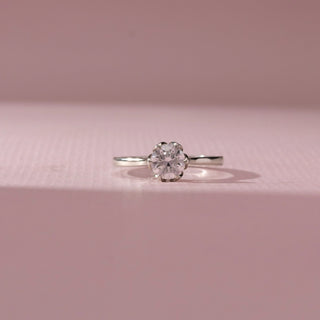 Front view of round diamond solitaire ring in white gold with a slim band, set on a soft pink background, highlighting classic simplicity and bright, radiant sparkle.
