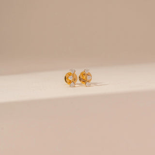 Front view of Delicate Triple Spark Diamond Earrings in 14KT Yellow Gold, featuring three round lab-grown diamonds.