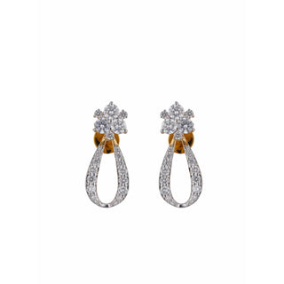 The image showcases a front view of a pair of female Earrings weighing a total of 1.56 grams secured through a bombay screw , displayed on a white background. The earrings are crafted in 14 KT yellow gold and feature a delicate floral design with a dangling raindrop-shaped element. The floral motif is adorned with multiple sparkling lab grown diamonds 0.69, while the raindrop element is encrusted with smaller diamonds