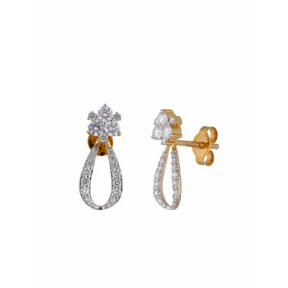 The image showcases a side view of a pair of female Earrings secured through a bombay screw , displayed on a white background. The earrings weighing a total of 1.56 grams are crafted in 14 KT yellow gold and feature a delicate floral design with a dangling raindrop-shaped element. The floral motif is adorned with multiple sparkling lab grown diamonds, while the raindrop element is encrusted with smaller diamonds totalling 0.69 carats.