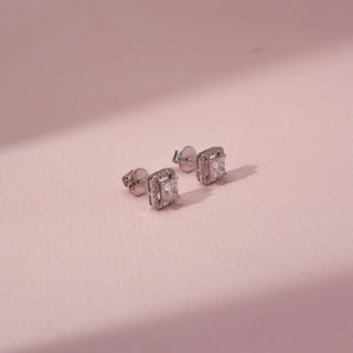 Side view of princess-cut lab-grown diamond halo stud earrings in 14 KT White gold, featuring princess-cut centre diamonds surrounded by square pavé-set diamond halos in a timeless elegant design.