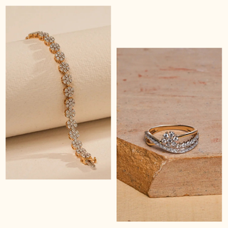 Split-frame product view showing a floral diamond bracelet draped over an ivory cylinder and a matching gold ring with clustered round diamonds, styled on warm stone surfaces under soft studio lighting.
