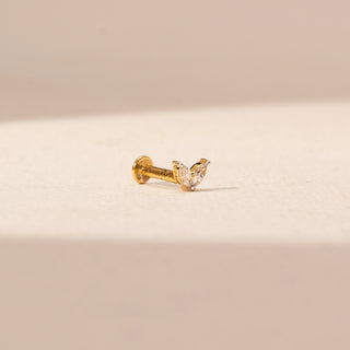 Side view of Twin Pear Diamond Nosepin in 14KT Yellow Gold, featuring two  marquise-shaped lab-grown diamonds in a prong setting.