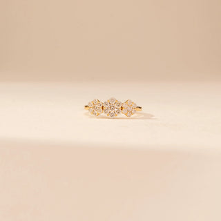 Front view of Charming Blossom Diamond Band Ring in 14KT Yellow Gold, featuring round lab-grown diamonds in floral motifs.