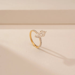 Angled view of Striking Marquise Elegant Diamond Ring in 14KT Yellow Gold, featuring marquise-cut lab-grown diamonds.