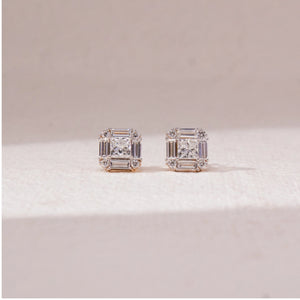 Square Halo Baguette Diamond Earring
