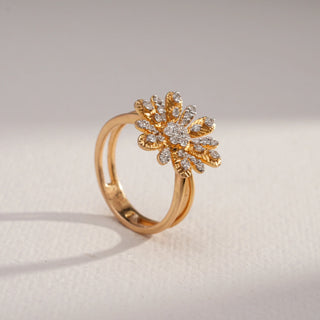 Side view of Golden Daisy Diamond Floral Ring in 14KT Yellow Gold, featuring textured gold petals with EF VVS round diamonds clustered at the centre, radiating floral elegance and brilliance.