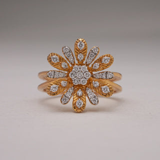 Close-up view of Golden Daisy Diamond Floral Ring in 14KT Yellow Gold, showcasing a daisy-inspired design with textured gold petals and EF VVS round diamonds clustered at the centre for radiant sparkle.