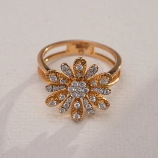 Top view of Golden Daisy Diamond Floral Ring in 14KT Yellow Gold, featuring a daisy-inspired design with EF VVS round diamonds on textured petals and a central diamond cluster for brilliance.