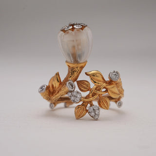 Front  view of Blooming Floral Diamond Statement Ring in 14KT Yellow Gold, featuring carved translucent bud, golden vine leaves, and EF VVS round diamonds for a natural, elegant look.
