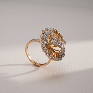 Side view of Spiral Petal Diamond Statement Ring in 14KT Yellow Gold, featuring spiral floral petals adorned with EF VVS diamonds, radiating bold elegance and sparkling brilliance.
