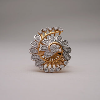Close-up view of Spiral Petal Diamond Statement Ring in 14KT Yellow Gold, featuring spiral floral-inspired design with EF VVS round diamonds, symbolising modern elegance and bold style.
