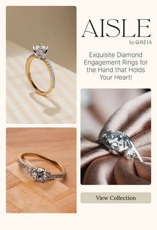 Reia Lab Grown Diamonds Aisle collection banner showcasing diamond engagement rings on beige background, symbolizing love, commitment, and ethical luxury.