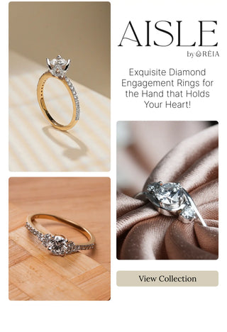Aisle Collection by Reia showcasing lab grown diamond engagement rings with solitaire designs in gold and platinum, designed for love, commitment, and timeless elegance.