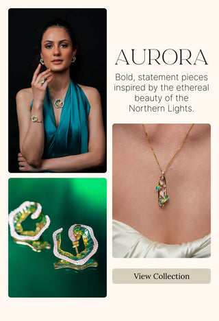 Aurora by Reia Lab Grown Diamonds, inspired by Northern Lights, featuring model in green jewelry with close-up of necklace and diamond earrings.