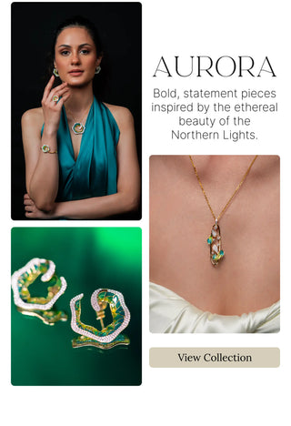 Aurora Collection by Reia featuring lab grown diamond jewelry inspired by the Northern Lights, with a model wearing a pendant, bracelet, and earrings in vibrant green tones.