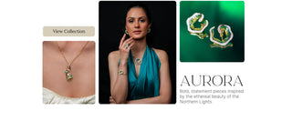 Reia Aurora Collection featuring lab grown diamond necklace, earrings, bracelet, and ring, inspired by the beauty of the Northern Lights, worn by a model in teal attire.