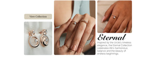 Eternal Collection by Reia featuring lab grown diamond rings and earrings with circular motifs, symbolizing balance, harmony, and endless beginnings.