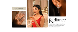 Reia Radiance Collection featuring lab grown diamond chandelier earrings and statement rings, inspired by glowing elegance, with a model in a red dress holding a glass.