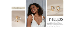 Timeless Collection by Reia showcasing lab grown diamond gold hoop earrings and a minimal ring, styled on a smiling model in a white dress for everyday elegance.
