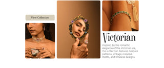 Reia Victorian Collection of lab grown diamond jewelry with necklace, bracelet, ring, and mirror reflection, inspired by vintage patterns and timeless royal motifs.