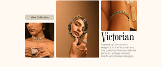 Reia Lab Grown Diamonds Victorian Collection inspired by romantic vintage elegance, featuring close-ups of diamond necklaces, rings, and bracelets with intricate, timeless designs.