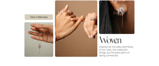 Reia Woven Collection of lab grown diamond rings and earrings, inspired by the ebbs and flows of life, showcasing elegant interconnected designs in rose and white gold.