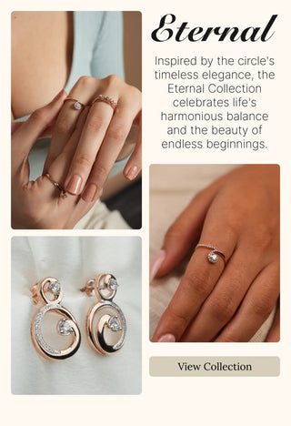 Reia Lab Grown Diamonds Eternal Collection featuring elegant diamond earrings and rings on a neutral backdrop, symbolizing timeless harmony and balance in fine jewelry.