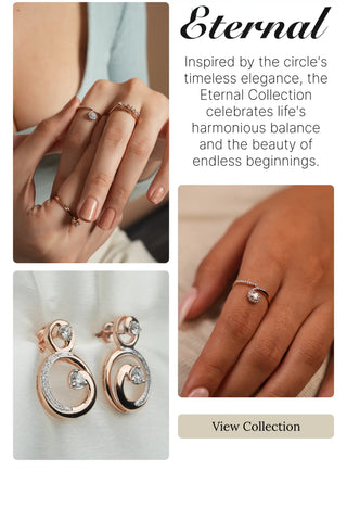 Eternal Collection by Reia featuring lab grown diamond rings and earrings, celebrating timeless elegance with circular designs symbolizing harmony, balance, and endless beginnings.