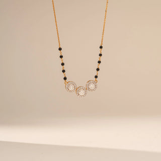 Front view of Triple Bloom Round Diamond Mangalsutra in 14KT Yellow Gold, featuring three floral motifs with round lab-grown diamonds.