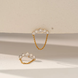 Front view of Floral Chain Drop Diamond Earrings in 14KT Yellow Gold, featuring round lab-grown diamonds and a delicate chain.