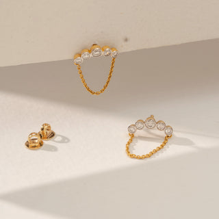 Top view of Floral Chain Drop Diamond Earrings in 14KT Yellow Gold, featuring round lab-grown diamonds and a delicate chain.