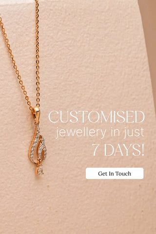 Sleek rose gold necklace with a diamond-encrusted swirl pendant, showcased on a textured beige backdrop with “Customised jewellery in just 7 days” branding and a “Get In Touch” call-to-action.