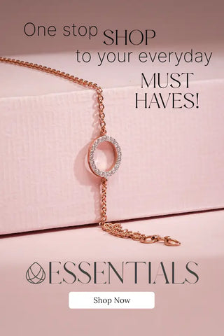 Minimalist rose gold bracelet with a circular diamond-encrusted charm draped on a textured pink gift box, styled with “Essentials” branding and promotional call-to-action text for an elegant everyday jewelry look.