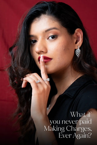 Close-up portrait of woman wearing Reia lab grown diamond rings and earrings, finger on lips with Carat Club no making charges promo text, red background.