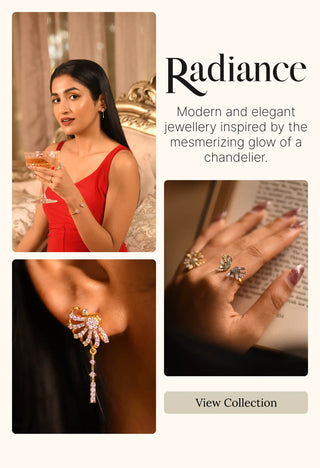 Reia Lab Grown Diamonds Radiance Collection with a woman in a red dress wearing chandelier-inspired earrings and rings, showcasing modern, elegant jewelry with luxurious appeal.