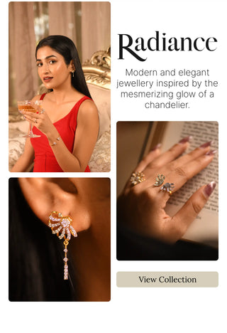 Reia Radiance Collection of lab grown diamond chandelier earrings and floral rings, inspired by chandelier glow, featuring a model in red dress with elegant style.