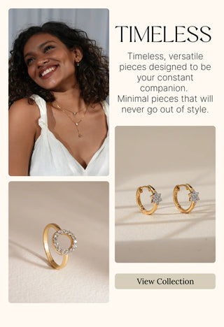 Reia Lab Grown Diamonds Timeless Collection with versatile gold jewelry, featuring a smiling woman in earrings and close-up shots of diamond-studded gold rings for everyday elegance.
