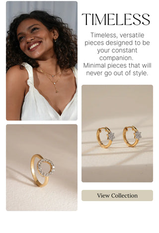 Reia Timeless Collection with versatile lab grown diamond rings and gold hoop earrings, designed for everyday wear, featuring a smiling model in minimal jewelry.