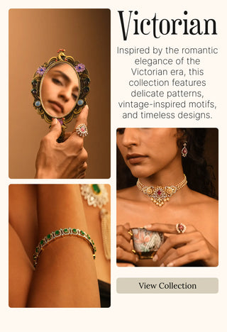 Victorian collection by Reia Lab Grown Diamonds featuring intricate necklace, bracelet, and ring with vintage motifs, inspired by romantic Victorian-era elegance.